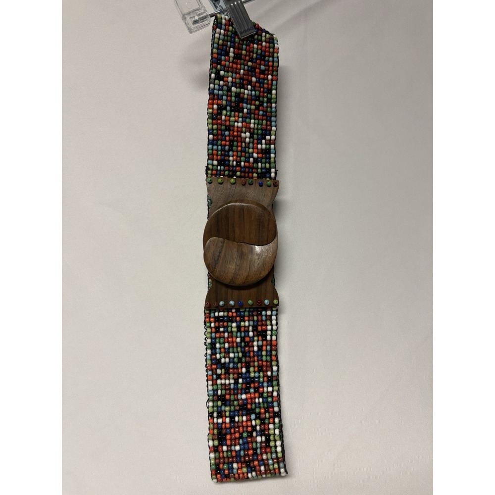 Vintage 80's Beaded Boho Belt Stretchy 3" Wide Southwest Wood Clasp Festival
